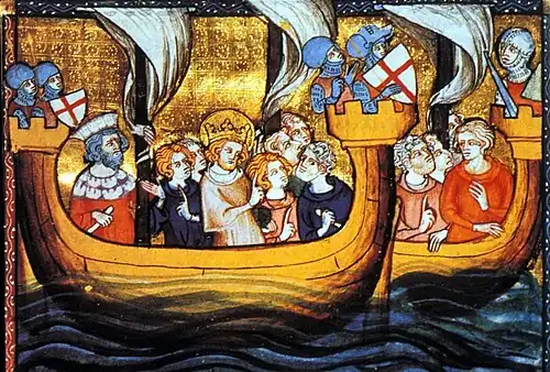Manuscript illumination of a fleet manned with men, including one wearing a crown