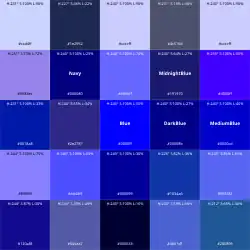 Shades of blue labeled with HSL, RGB, and web color names.