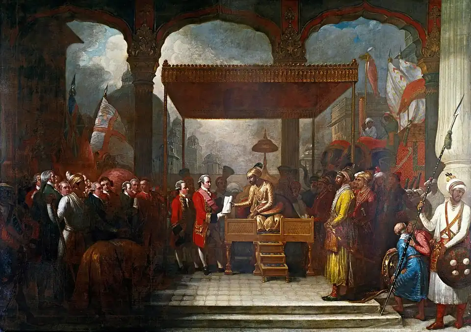 Robert Clive receiving the grant of the Diwani (revenue administration) from Emperor Shah Alam II, 1765