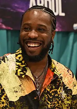 Cropped photo of Shameik Moore at the 2023 GalaxyCon Raleigh