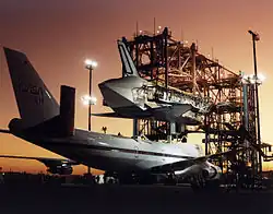 Atlantis being prepared to be mated to the Shuttle Carrier Aircraft using the Mate-Demate Device following STS-44.