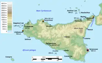 A relief map of Sicily showing the main cities at the time of the First Punic War