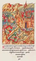 The Golden Horde raids Kiev, miniature from the Illustrated Chronicle of Ivan the Terrible