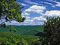 View from a lookout of green tree-covered mountains under a blue sky with white clouds