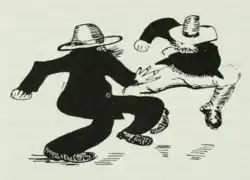 Two cartoon men in hats are dancing together
