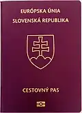 The front cover of Slovak passport with the coat of arms at the front page
