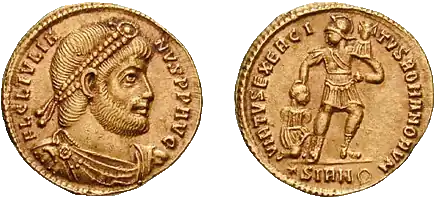 Solidus, obverse showing Julian as philosopher, reverse symbolizing the strength of the Roman army