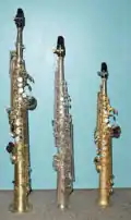 B♭ soprano saxophone (left), C soprano saxophone (center), E♭ sopranino saxophone (right)