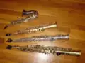 Top to bottom: E♭ sopranino saxophones, curved and straight; soprano saxophones, in C and B♭