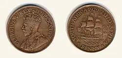 A 1929 South African penny, featuring King George V.