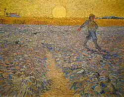 A man is scattering seeds in a ploughed field. The figure is represented as small and is set in the upper right and walking out of the picture. He carries a bag of seed over one shoulder. The ploughed soil is grey; behind it rises a standing crop and, in the left distance, a farmhouse. In the centre of the horizon is a giant yellow rising sun with emanating yellow rays. A path leads into the picture, and birds are swooping down.