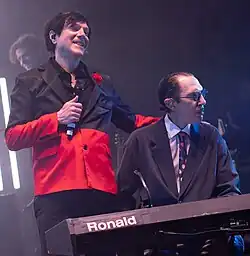 Sparks during a performance at the Royal Albert Hall in London, England, May 29, 2023. From left to right: Russell Mael (vocals) and Ron Mael (keyboards).