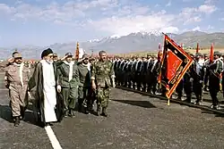 Ayatollah Ali Khamenei inspecting troops with the Islamic Republic military colours during a special ceremony