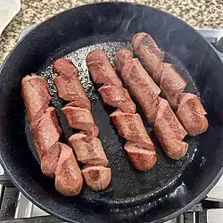 Spiral-sliced hot dogs