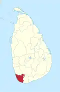 Area map of Galle District, converging inwards from the south west coast, in the Southern Province of Sri Lanka
