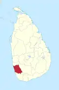 Area map of Kalutara District, extending inwards from the south west by west coast, in the Western Province of Sri Lanka