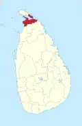 Area map of Kilinochchi District, along the northern coast of the mainland and south of the Jaffna peninsula, in the Northern Province of Sri Lanka