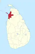 Area map of Mannar District, along the north western coast with eastern border extending towards the interior, also including a large island roughly oval in shape, in the Northern Province of Sri Lanka
