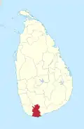 Area map of Matara District, roughly rectangular in shape and extending inwards from the southern coast, in the Southern Province of Sri Lanka