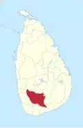 Area map of Ratnapura District, some distance from the south western coast with its western and southern borders converging towards the north west, in the Sabaragamuwa Province of Sri Lanka