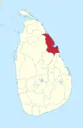 Area map of Trincomalee District, along the north eastern coast with its south western border extending inwards, in the Eastern Province of Sri Lanka