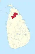 Area map of Vavuniya District, located in the middle of the northern half of the country, running roughly in a south west—north east direction, in the Northern Province of Sri Lanka