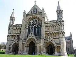 Colour photograph of St Albans Abbey, now a cathedral