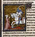 Miniature of George and the Dragon, ms. of the Legenda Aurea, Paris, 1382 (BL Royal 19 B XVII, f. 109).