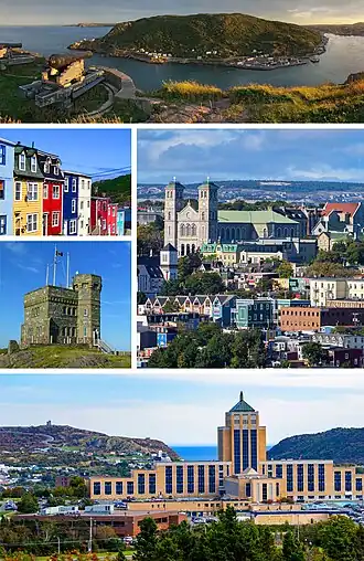 From top, left to right: Sunset from Signal Hill, Row Houses, Cabot Tower on Signal Hill, the Basilica of St. John the Baptist, the Confederation Building