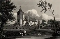Black-and-white engraving of a church in the background, with a river flowing in the front. Two people are sitting on the bank and one is swimming. Trees frame the picture.