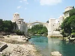 Ottoman 16th-century single-arch bridge Stari most over the River Neretva in Mostar in Bosnia and Herzegovina