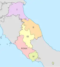 The legations of the Papal States in 1850: Rome, I. Romagna, II. Marche, III. Umbria, IV. Marittima e Campagna