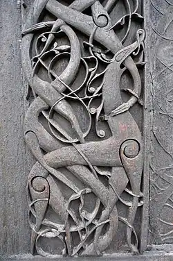 Carving detail of the north portal of the 12th-century Urnes stave church.