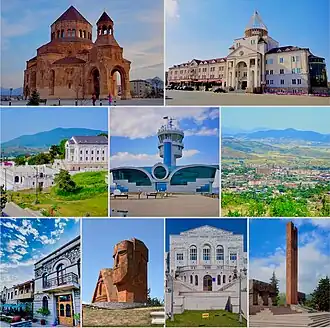 From top left: Holy Mother of God Cathedral Renaissance Square&nbsp;• Downtown Stepanakert Stepanakert Airport&nbsp;• Stepanakert skyline Park Hotel Artsakh &nbsp;• We Are Our Mountains Artsakh University &nbsp;• Stepanakert Memorial