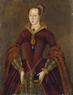 A stiff Elizabethan-style three-quarter portrait of Lady Jane Grey wearing elaborate formal dress and holding a prayer book. She is a tall pale young woman.