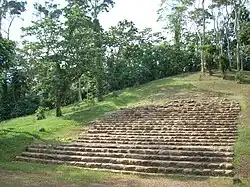 A large grassy mound with a wide stone stairway climbing from the bottom centre toward the summit at top right. The mound has scattered trees around the stairway with increasingly thick vegetation toward the far side of the structure.
