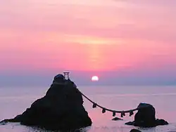 The pair of Meoto Iwa rocks off the coast of Ise city, Mie Prefecture during sunrise
