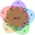 Five-set Venn diagram using congruent ellipses in a five-fold rotationally symmetrical arrangement devised by Branko Grünbaum. Labels have been simplified for greater readability; for example, A denotes A ∩ Bc ∩ Cc ∩ Dc ∩ Ec, while BCE denotes Ac ∩ B ∩ C ∩ Dc ∩ E.