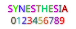 Picture of the word "synesthesia" and several numbers color-coded in a way a synesthete may see them.