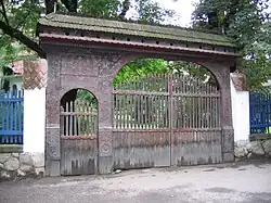A Székely gate in front of the Székely National Museum, in Sfântu Gheorghe, Romania