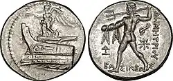 Tetradrachm of Demetrios Poliorketes (r. 301–285). Obverse: Nike on the prow of a ship; reverse: Poseidon.[130]