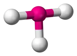 Skeletal model of a planar molecule with a central atom (iodine) symmetrically bonded to three (fluorine) atoms to form a big right-angled T