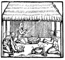 Taíno women preparing cassava bread in 1565: grating tuberous roots into paste, shaping the bread, and cooking it on a fire-heated burén