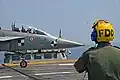 Tejas on INS&nbsp;Vikrant's flight deck