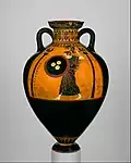 Panathenaic amphora (Archaic); c. 530 BC; ceramic; height: 62.2&nbsp;cm; Metropolitan Museum of Art[37]