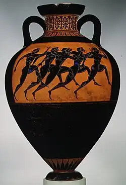 Panathenaic prize amphora for runners; c. 530 BC; terracotta; height: 62.2&nbsp;cm (241⁄2 in.); Metropolitan Museum of Art (New York City)