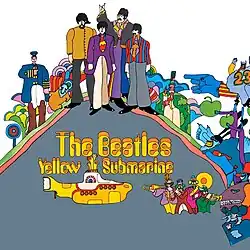 A colorful cartoon-style drawing of the Beatles and other characters from the Yellow Submarine film