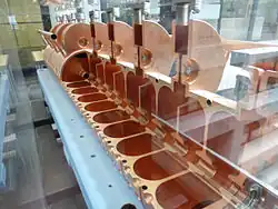 A cutaway view of the 805&nbsp;MHz side-couple cavities[41]