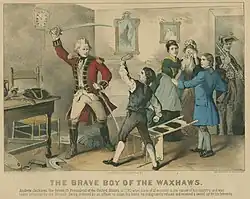 Sketch of an officer preparing to strike a boy with a sword. The boy holds out his arm in self-defense.