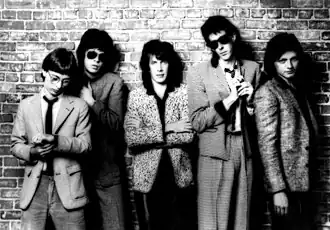 Classic lineup of The Cars, c. 1980, including (left to right): Greg Hawkes, Elliot Easton, David Robinson, Ric Ocasek, and Benjamin Orr